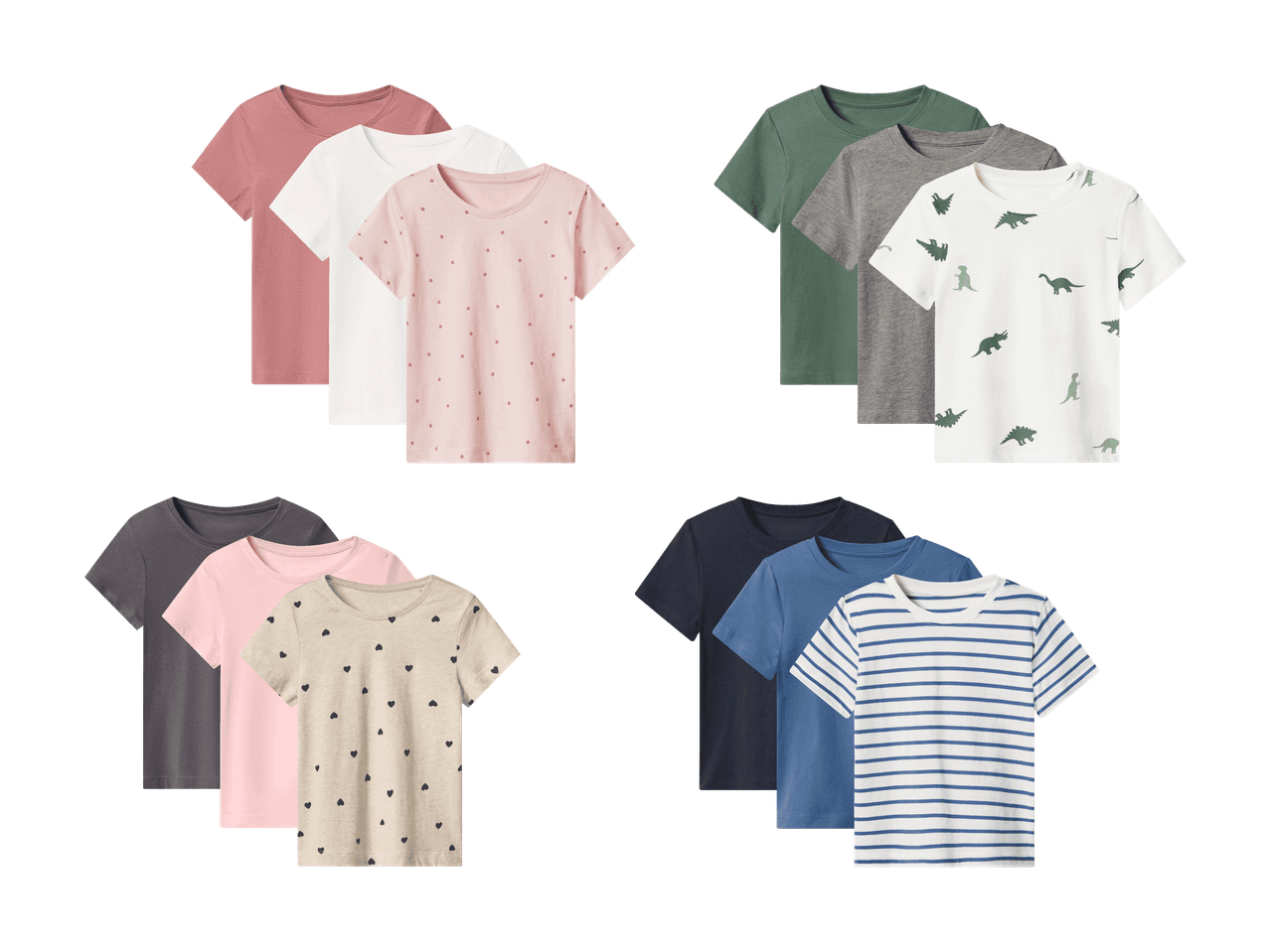 Set Kinder-T-Shirts in verschiedenen Farben und Mustern, darunter Dinosaurier, Herzen und Streifen.