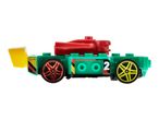 Green toy race car with red top, yellow spoiler, and number 2 on the side