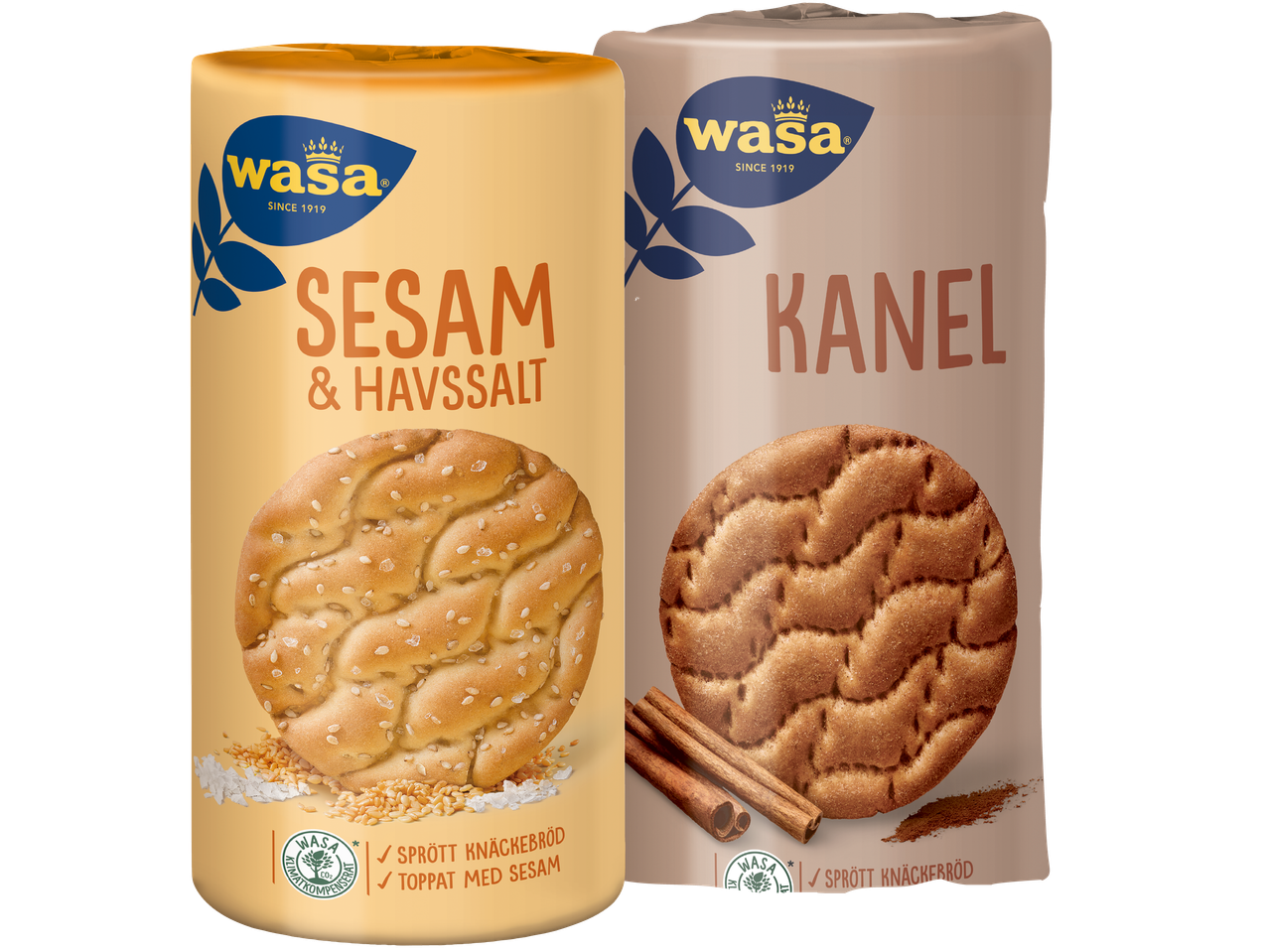 Två förpackningar Wasa knäckebröd, en med sesam och havssalt, den andra med kanel.