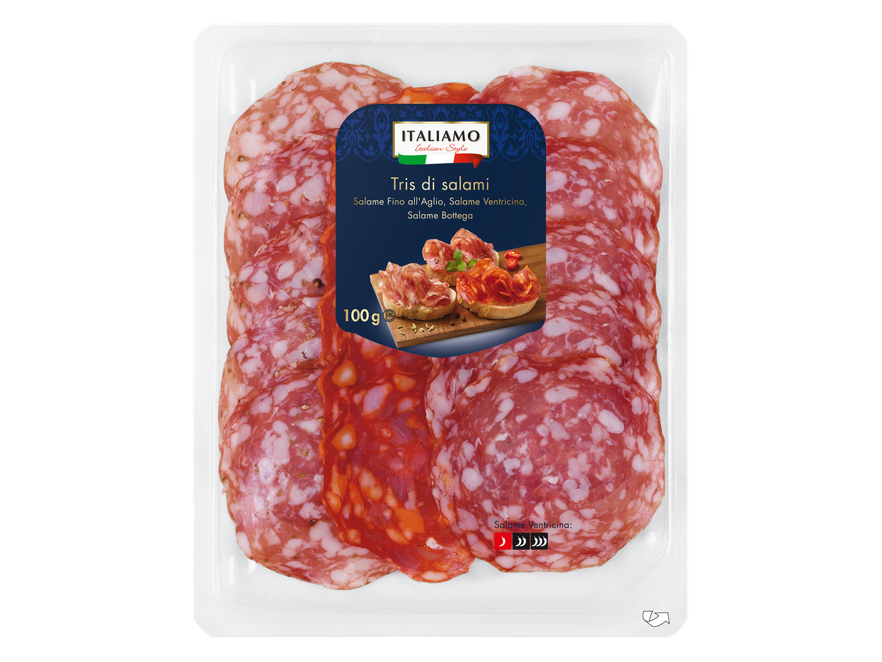 ITALIAMO Tris di salami: iepakojums ar trim itāļu desu veidiem.