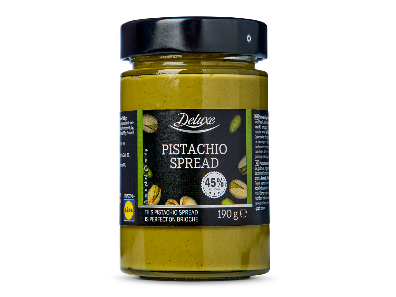 Lidl Deluxe pistache spread: potje van 190g, 45% pistache.