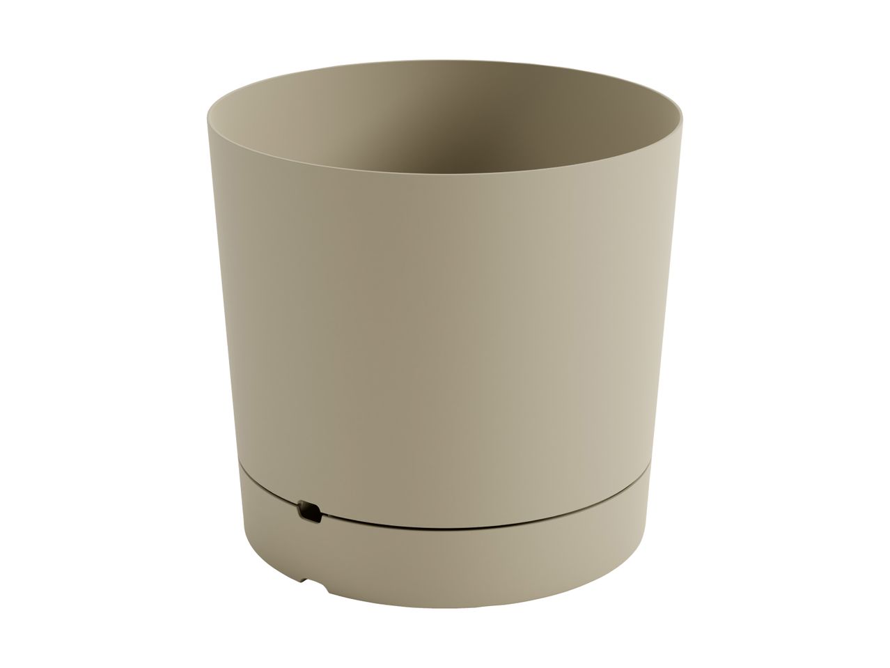 A beige plastic planter with a drainage hole.