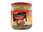 Jar of spicy pickled vegetable and olive skewers, with a red lid and a label featuring a plate of the skewers.