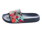 Dark blue slide sandal with a colorful tropical floral pattern on the strap.