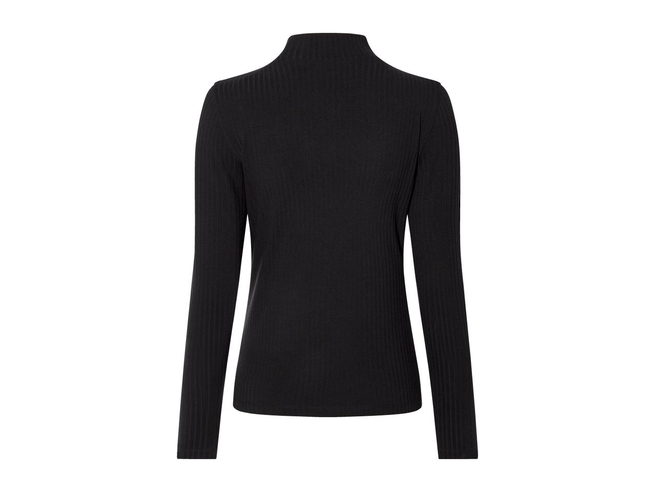 Black ribbed long-sleeve top with a mock neck