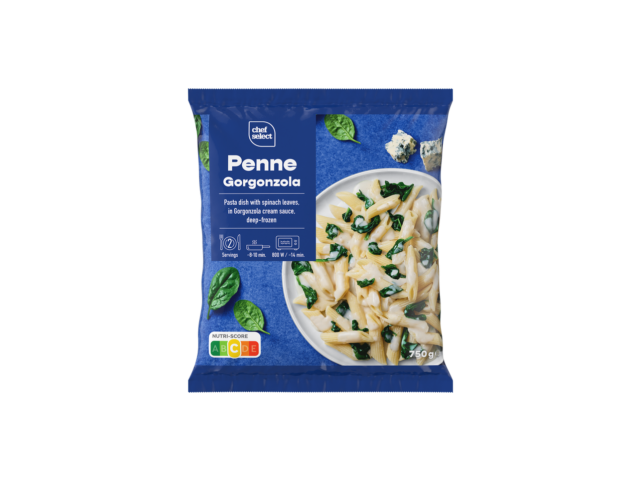 Chef Select Penne Gorgonzola: Fagyasztott tésztaétel spenóttal és gorgonzola szósszal.