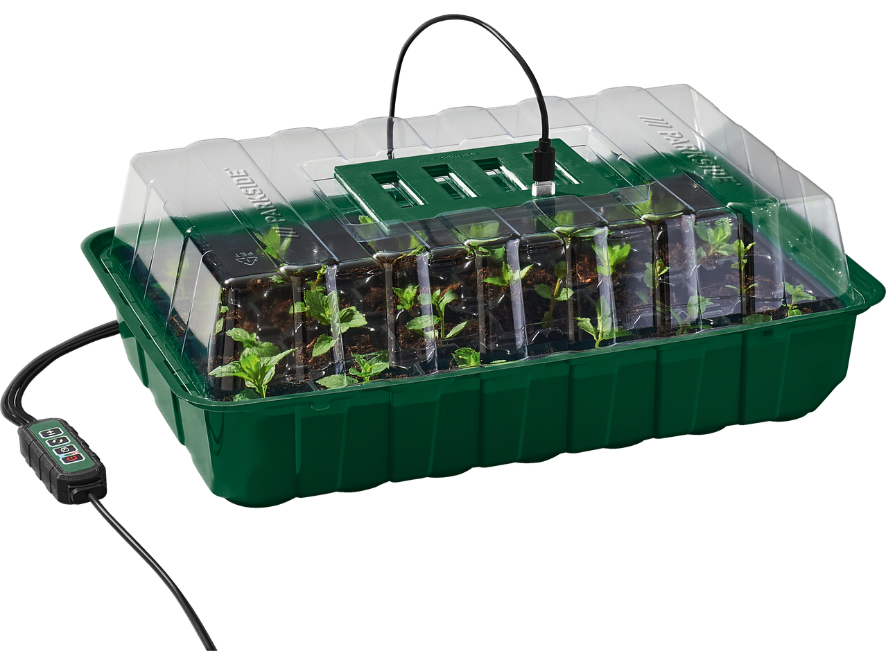 Parkside® 13 daļu LED audzēšanas kastes komplekts ar jauniem augiem, caurspīdīgu vāku un vadības paneli.