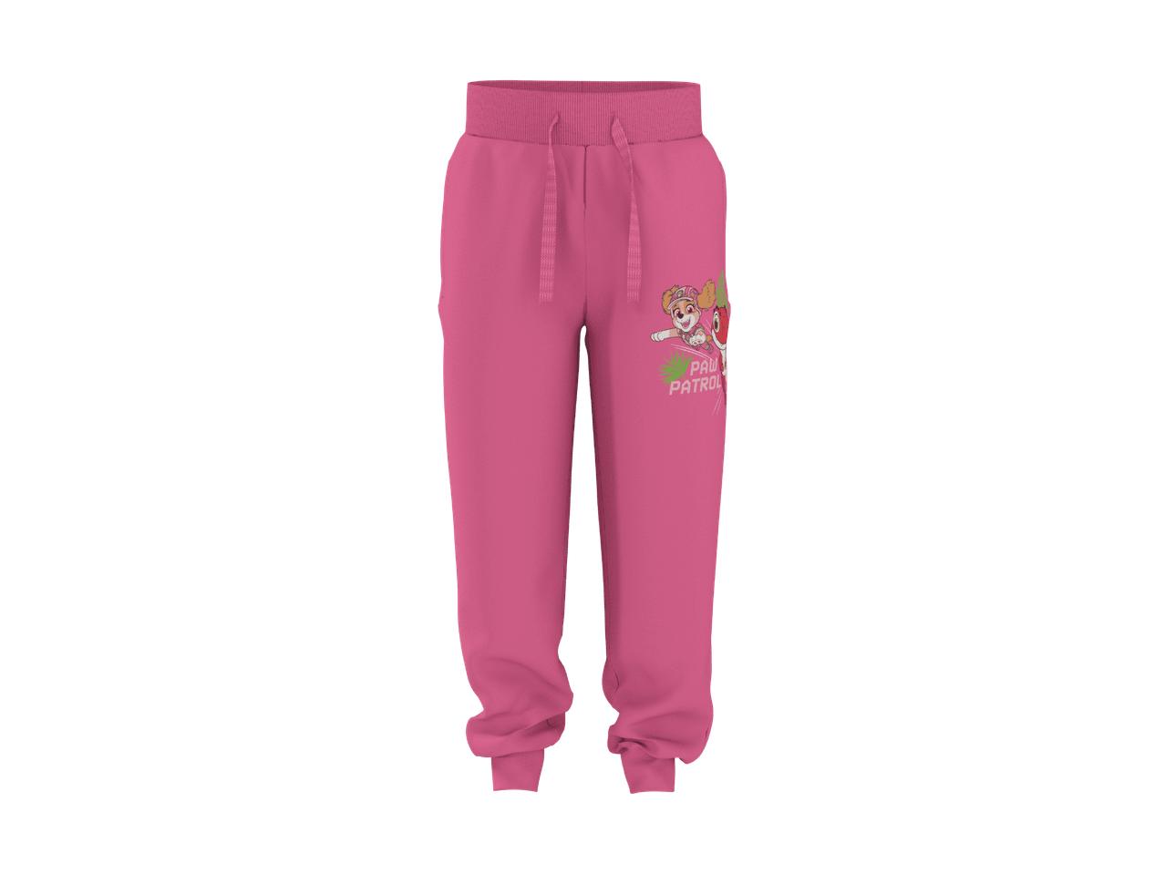 Pink joggingbukser til børn med et tegneseriehundemotiv og teksten 'PAW PATROL'.
