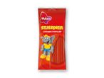 Rød slikpose med en tegneserieelefant og teksten 'STJERNER JORDBÆR/JORDGUBB'.