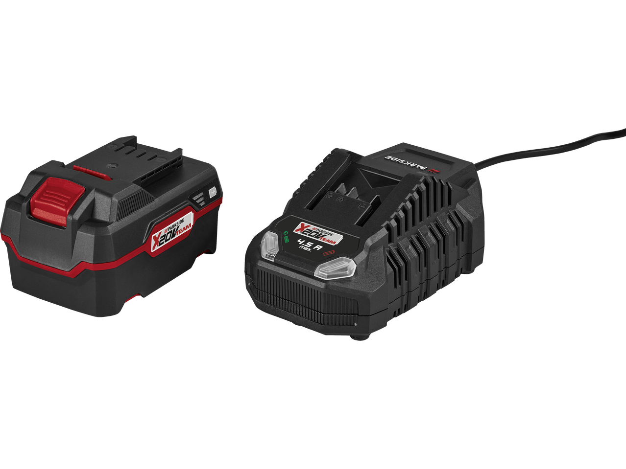 A black and red power tool battery and a matching charger with a power cord.