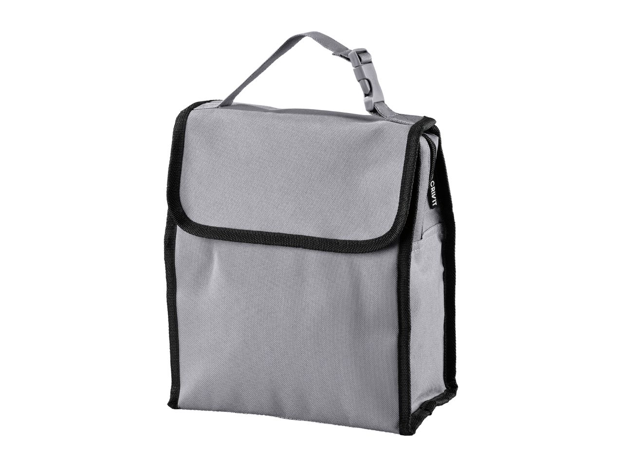 A grey Crivit insulated lunch bag with a black trim and a handle.