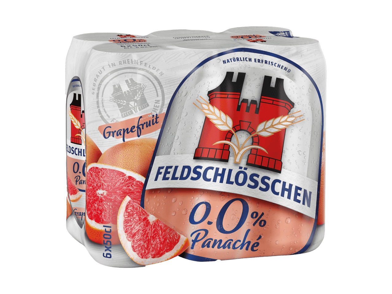 6er-Pack alkoholfreies Grapefruit-Getränk in Dosen, mit der Aufschrift „0.0% Panaché“.
