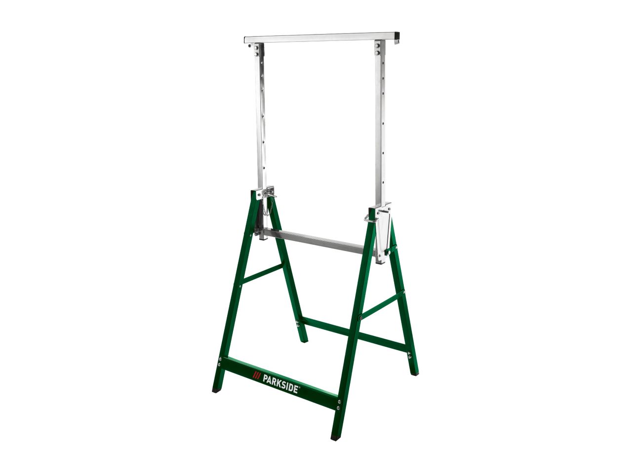 Green and silver adjustable sawhorse with a horizontal support bar