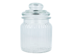 Um frasco de vidro transparente com tampa.