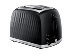 Black 2-slice toaster with a textured hexagonal pattern and silver accents
