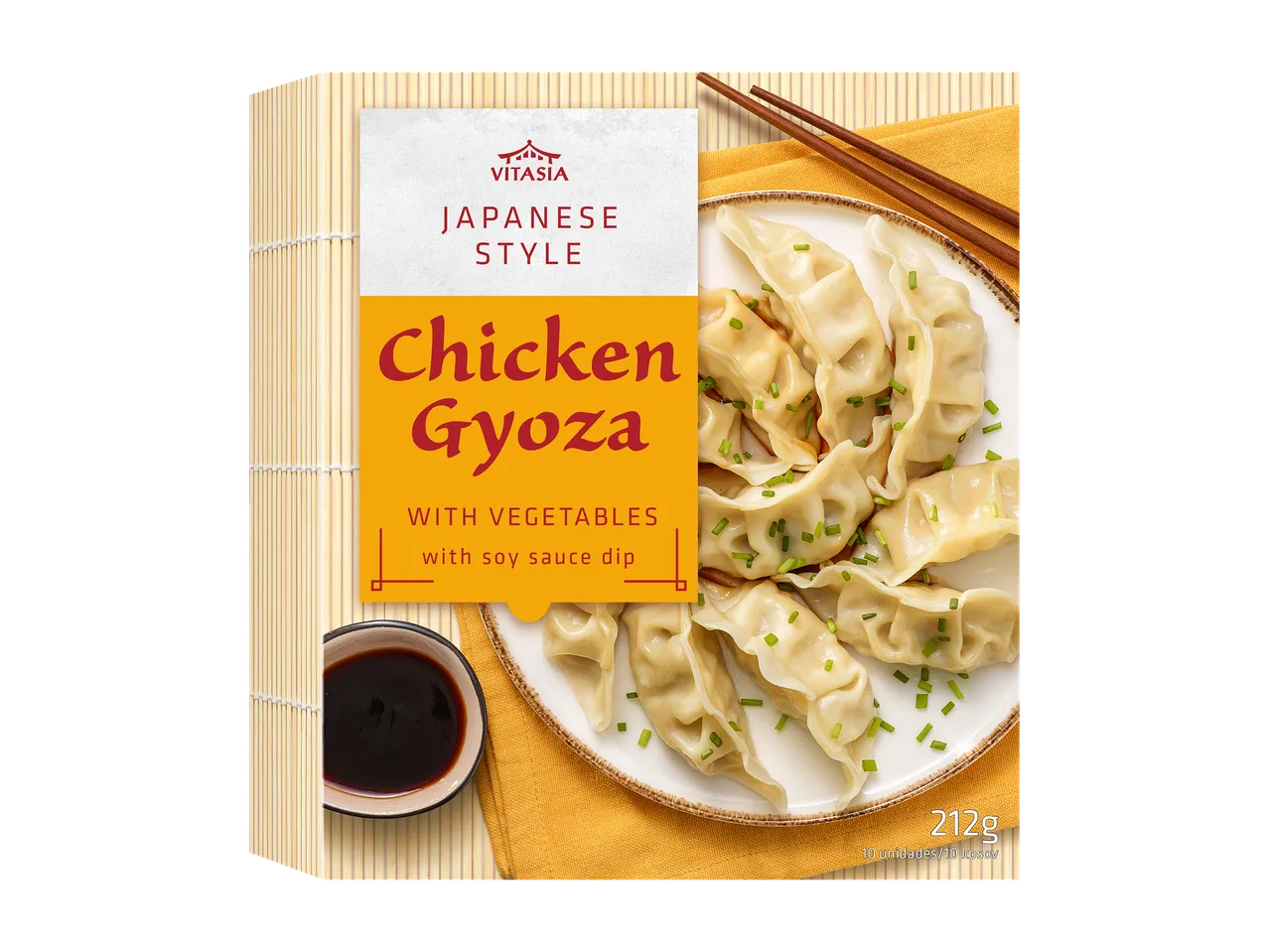 Japonski piščančji gyoza z zelenjavo in sojino omako.