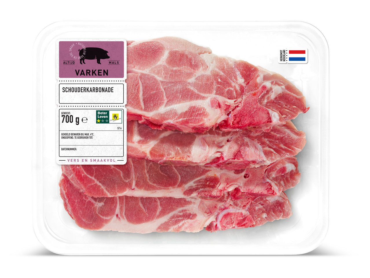 Verpakking Nederlandse varkens schouderkarbonades, 700g, Beter Leven kwaliteit.