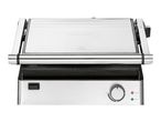 Stainless steel contact grill with adjustable temperature dial and indicator lights.