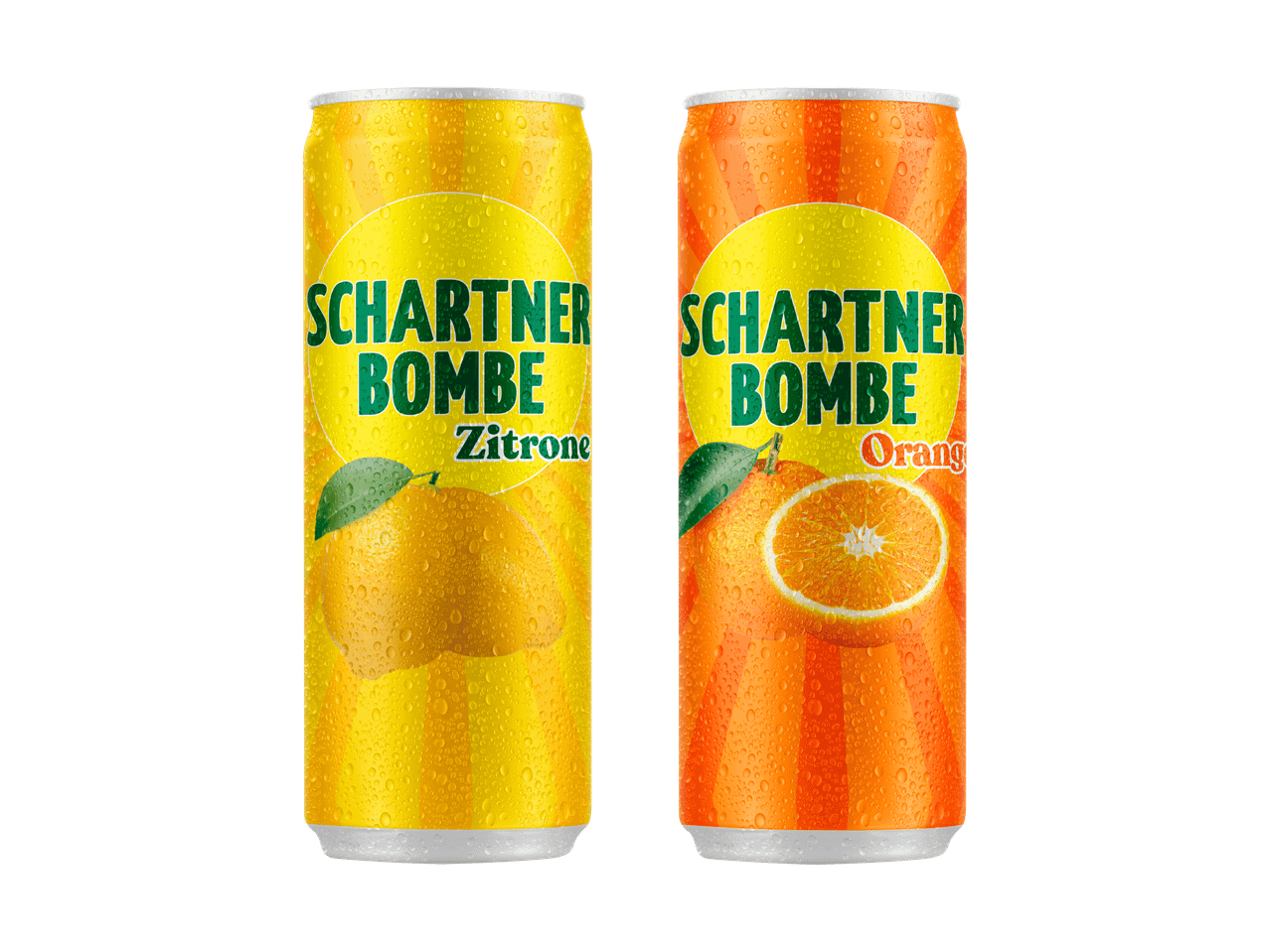 Zwei Scharner Bombe Dosen, eine Zitrone, eine Orange.
