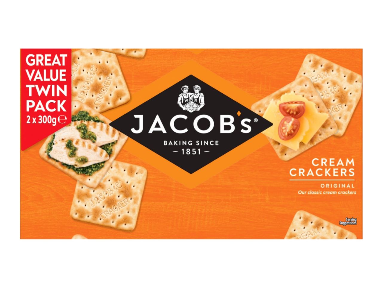 Jacob's Cream Crackers twin pack with cheese and chicken pesto toppings.