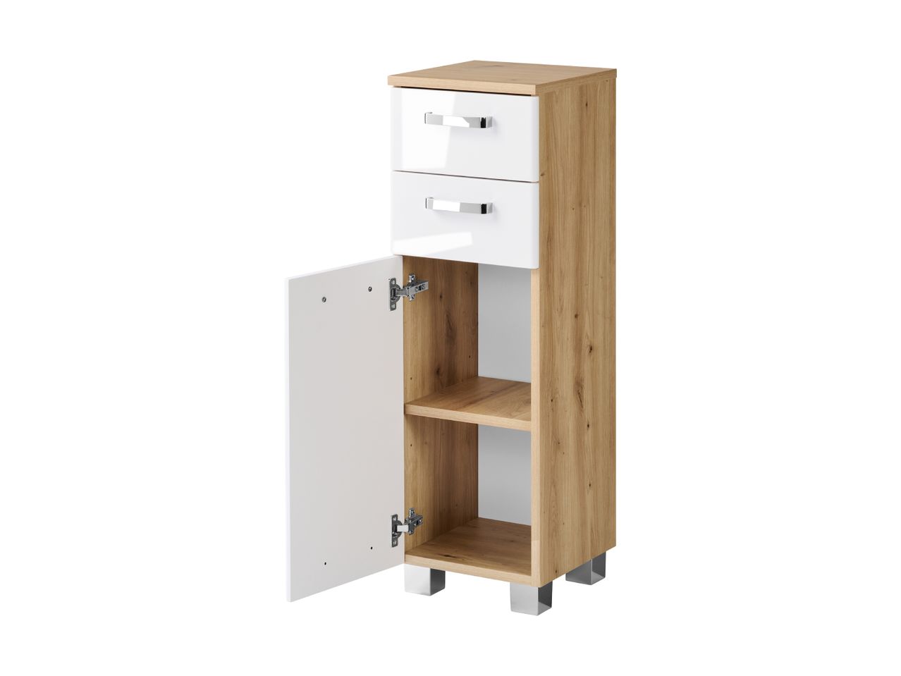 Tall wooden cabinet with two white drawers and an open white door revealing two shelves.