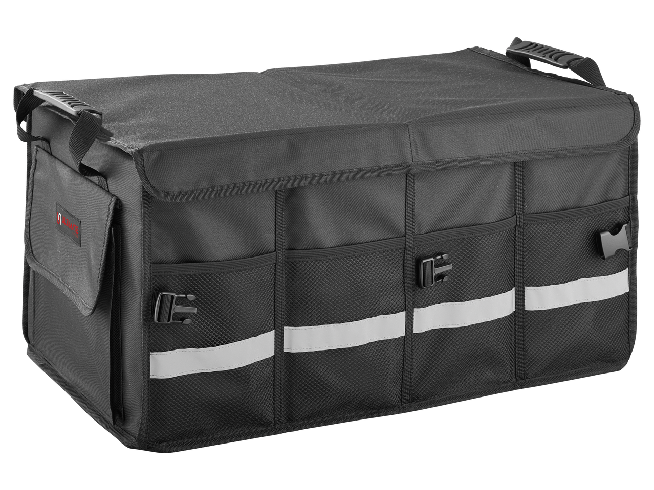 ULTIMATE SPEED® Car Boot Organiser, black, with reflective strips and multiple pockets.