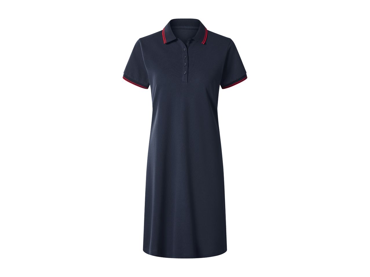 Navy blue polo dress with red and black striped collar and sleeve cuffs