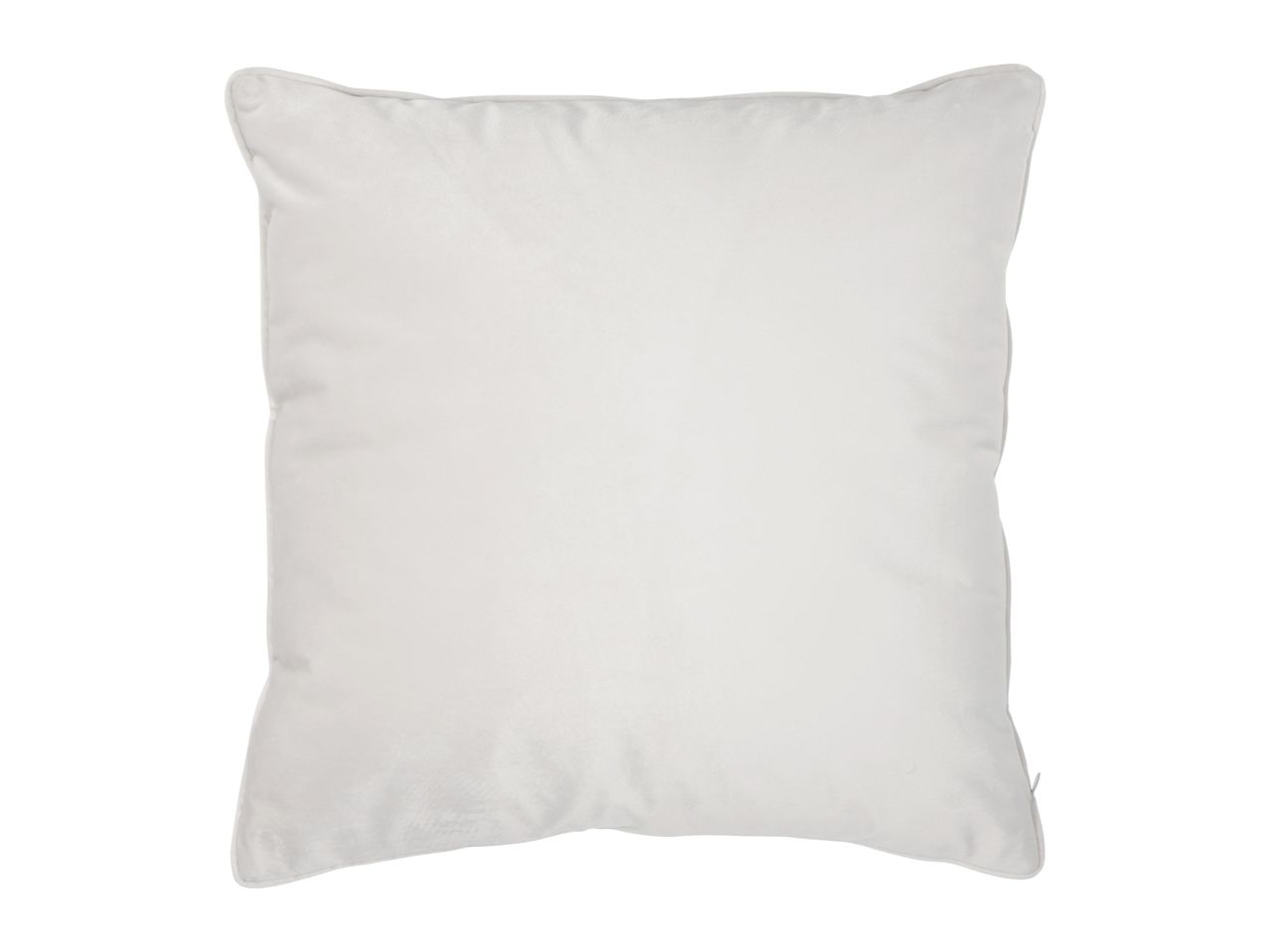 A plain white square cushion with piping around the edges.