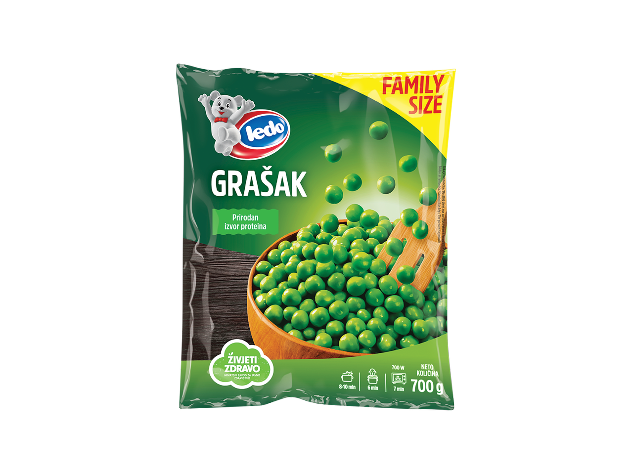 Pakiranje smrznutog graška obiteljske veličine s natpisom 'Živjeti zdravo'.