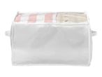 White storage bag with a clear top, containing folded clothes, including a striped item.