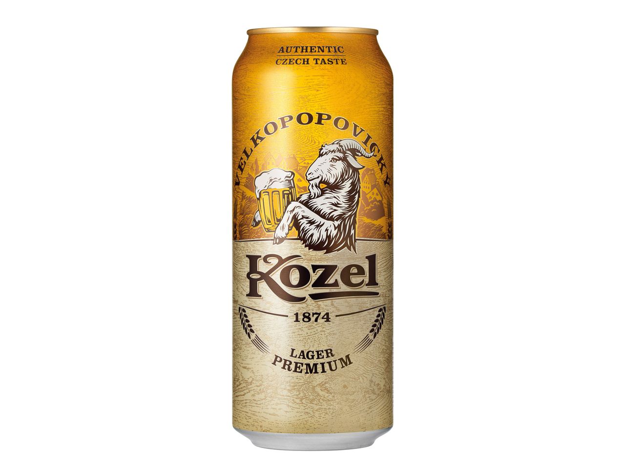 Χρυσή κονσέρβα μπύρας με μια κατσίκα να κρατά μια κούπα μπύρας, το κείμενο γράφει 'Kozel 1874 Lager Premium'
