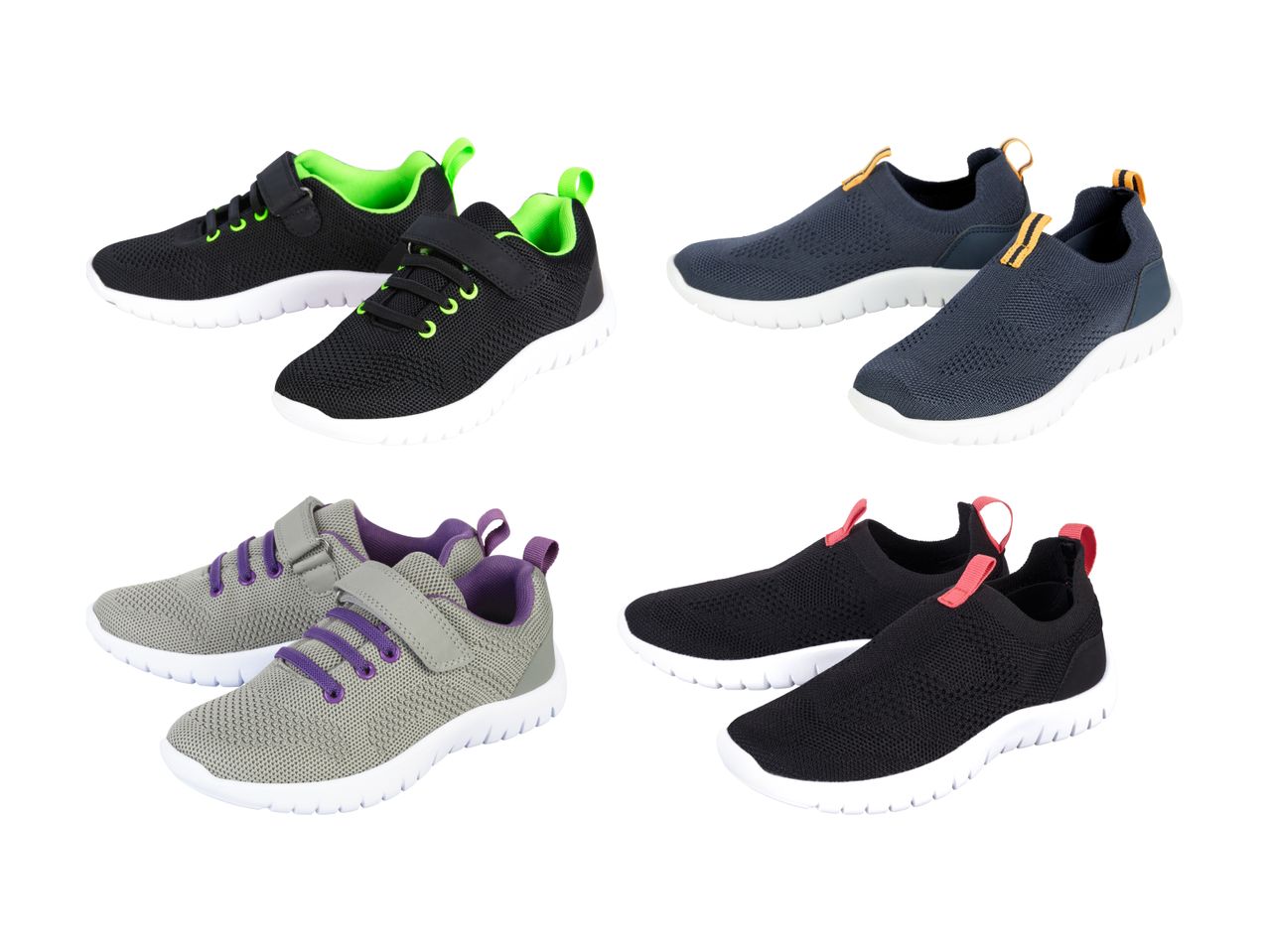 Vier Paar lässige Sneakers in verschiedenen Farben.