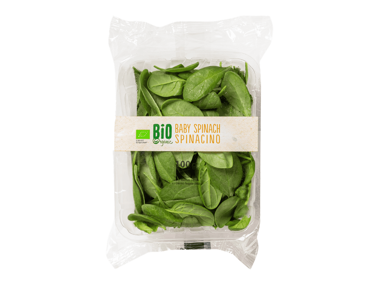 Pakkaus luomuvauvanpinaattia, jossa on etiketti, jossa lukee 'BIO BABY SPINACH' ja 'SPINACINO'.