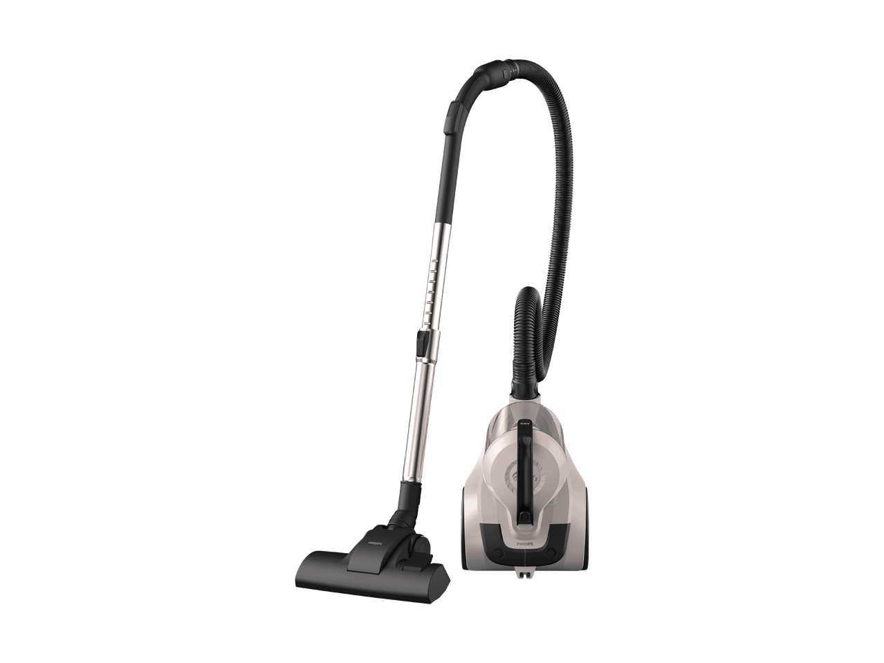 Aspirateur traîneau gris et noir avec tuyau flexible et brosse pour sols.