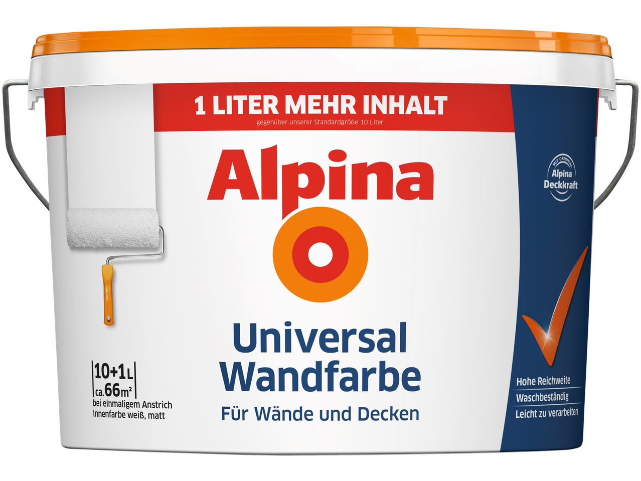 Alpina Universal Wandfarbe 10+1L, weiße matte Innenfarbe mit hoher Reichweite.