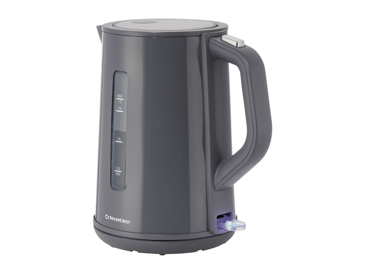 A dark grey SilverCrest electric kettle with a water level indicator and a handle.