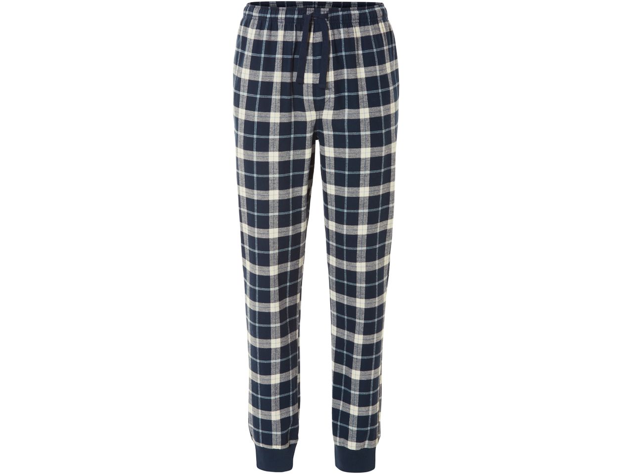 Men's blue and white plaid pajama pants with a drawstring waist and ribbed cuffs.