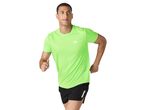 Man in a neon green short-sleeved athletic top and black shorts, running.