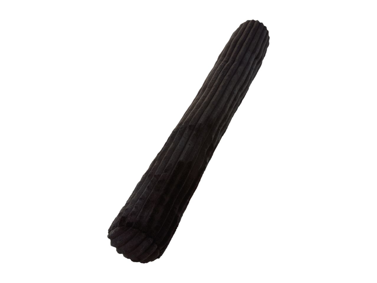 A black corduroy bolster pillow on a white background.