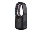 Black bladeless fan with red and blue light accents, featuring power and light mode buttons.