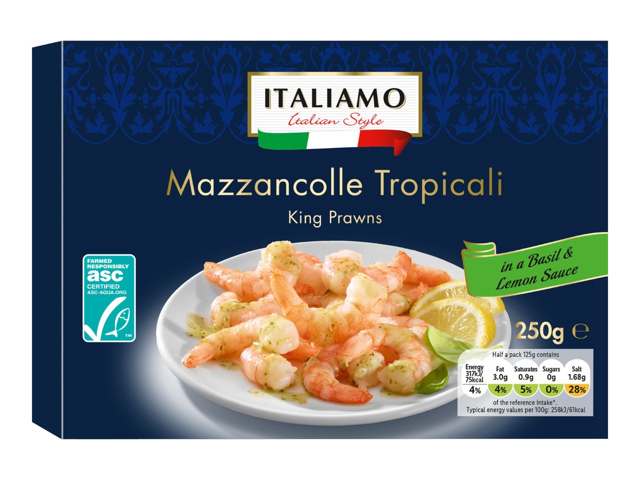 King prawns with basil and lemon sauce, with nutritional information and ASC certification.