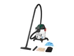 Wet and dry vacuum cleaner with hose, floor nozzle, crevice tool, paper filter bag, foam filter, and textile filter bag.