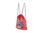A red Minnie Mouse drawstring backpack.
