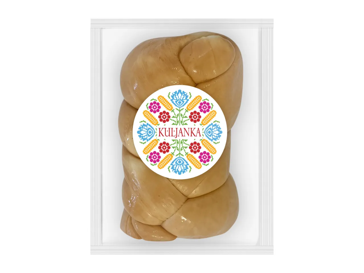 Braided cheese in clear packaging with a colorful folk-art inspired label featuring flowers and wheat.