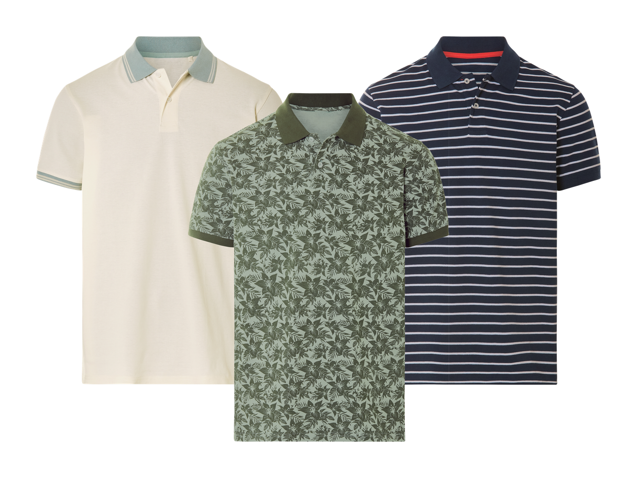 Tri muške polo majice: bež, zelena s uzorkom lišća i tamnoplava na pruge.