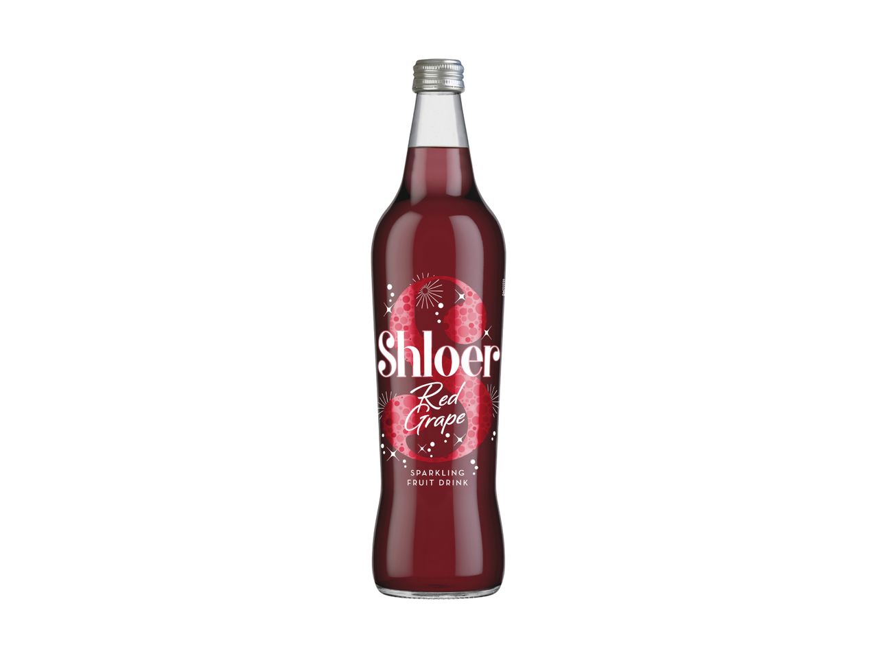 A bottle of Shloer Red Grape sparkling fruit drink.