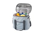 A gray soft-sided cooler bag with drinks inside, ready for a picnic or outing.