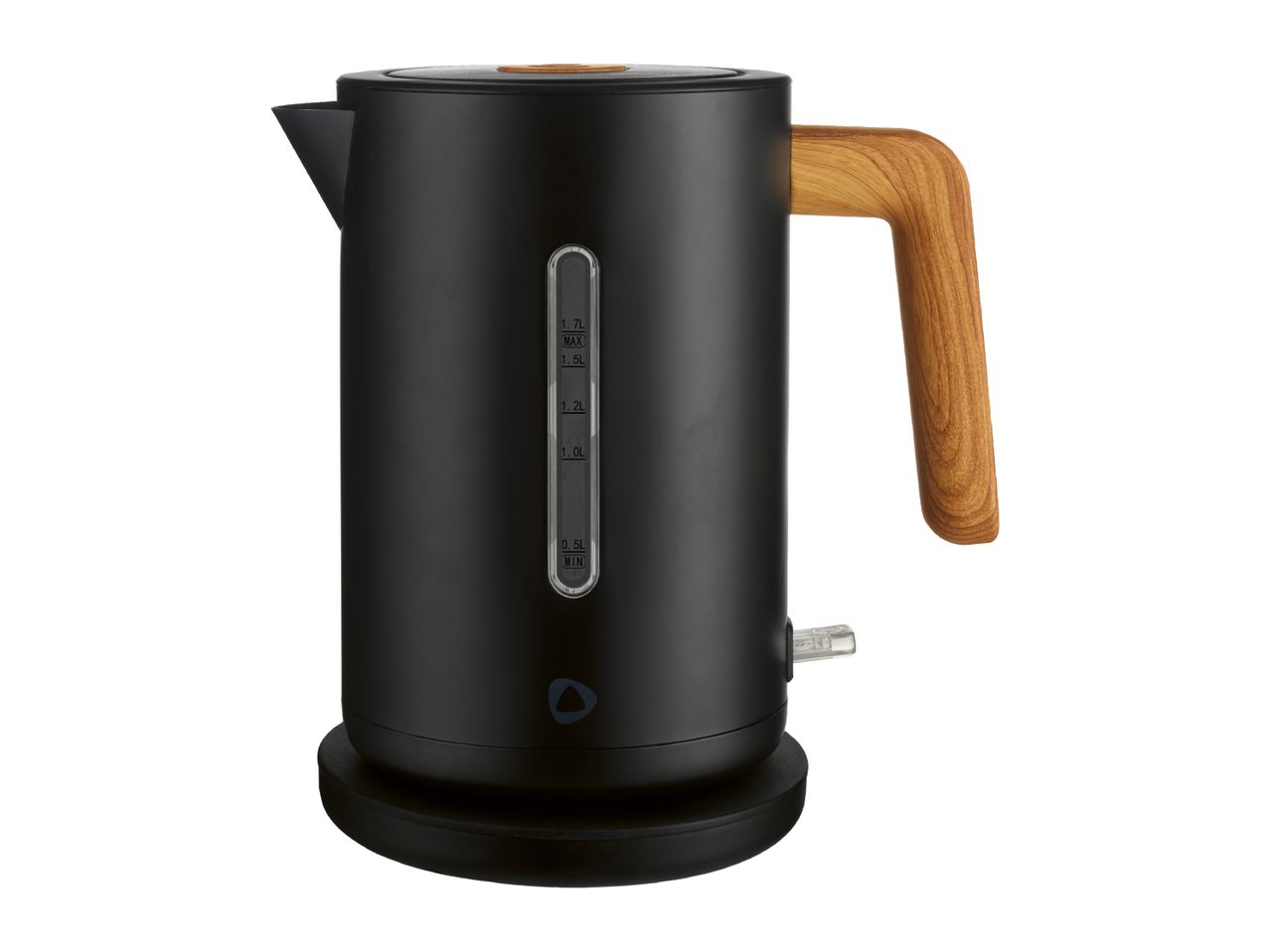 Black electric kettle with a wooden handle and lid accent, showing water level markings.