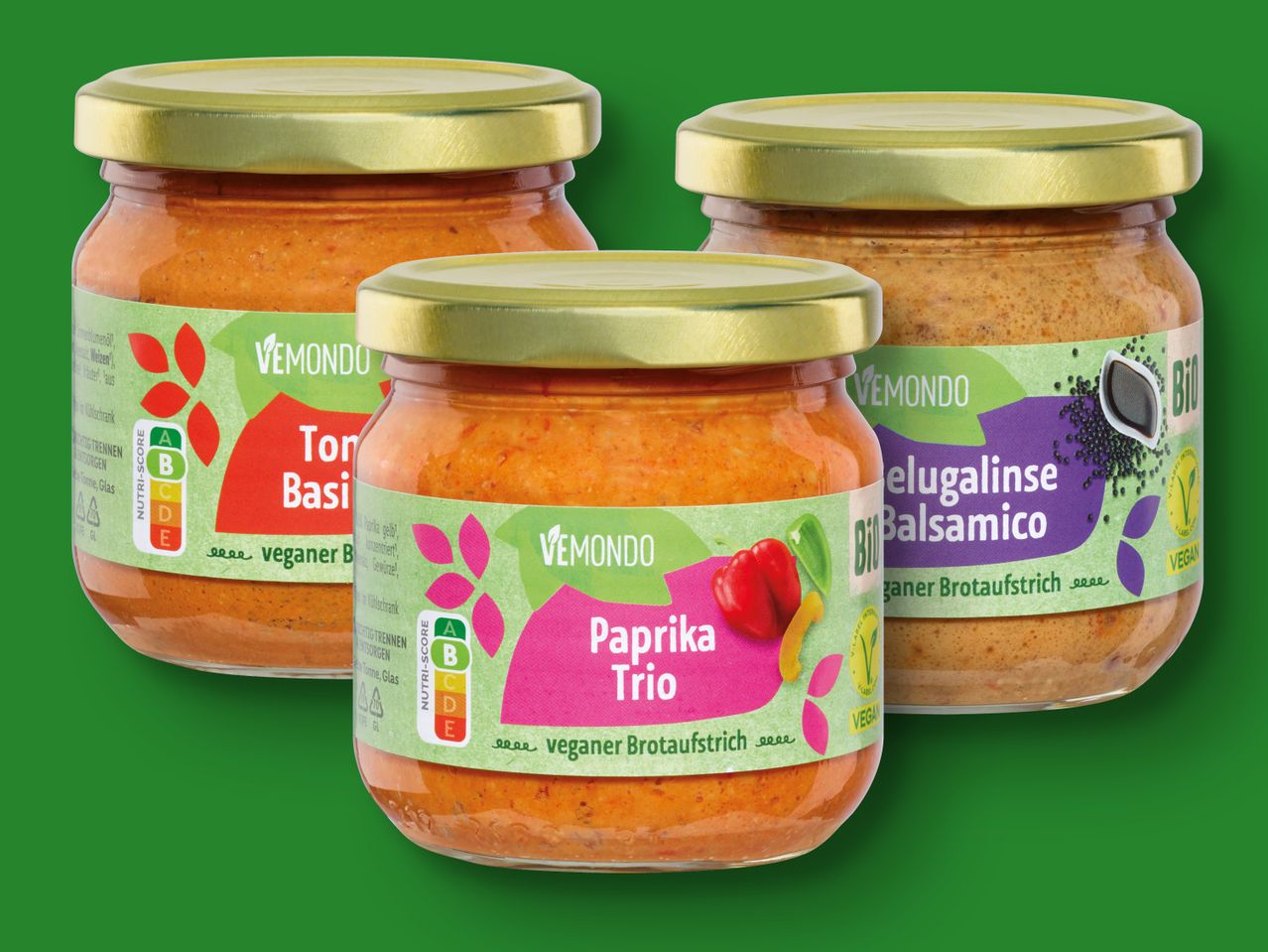Vegane Brotaufstriche Vemondo: Paprikatrio, Tomaten-Basilikum und schwarzer Balsamico.