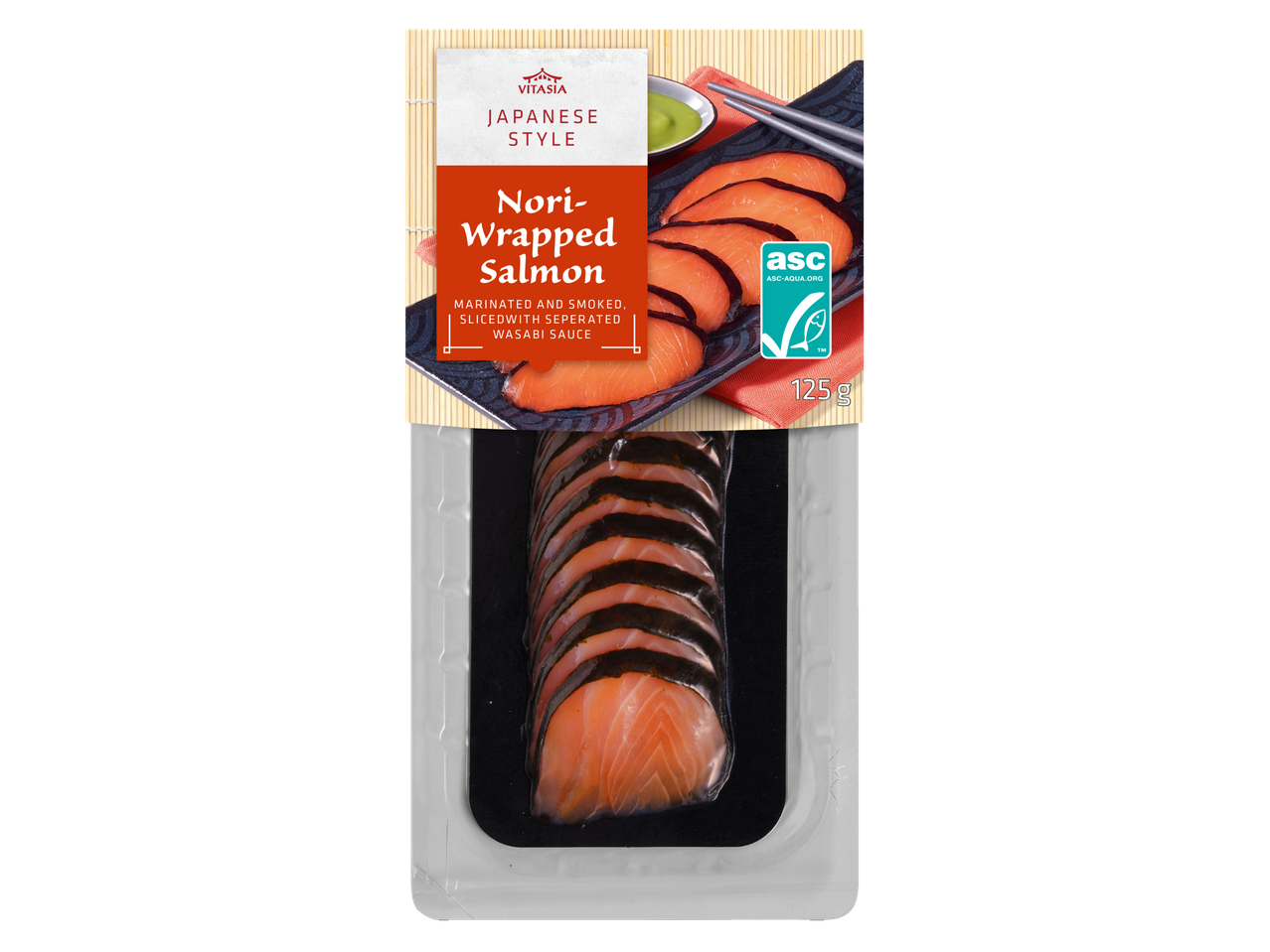 Vitasia Nori-Wrapped Zalm, Japanse stijl, gemarineerd en gerookt, met wasabisaus, 125g.